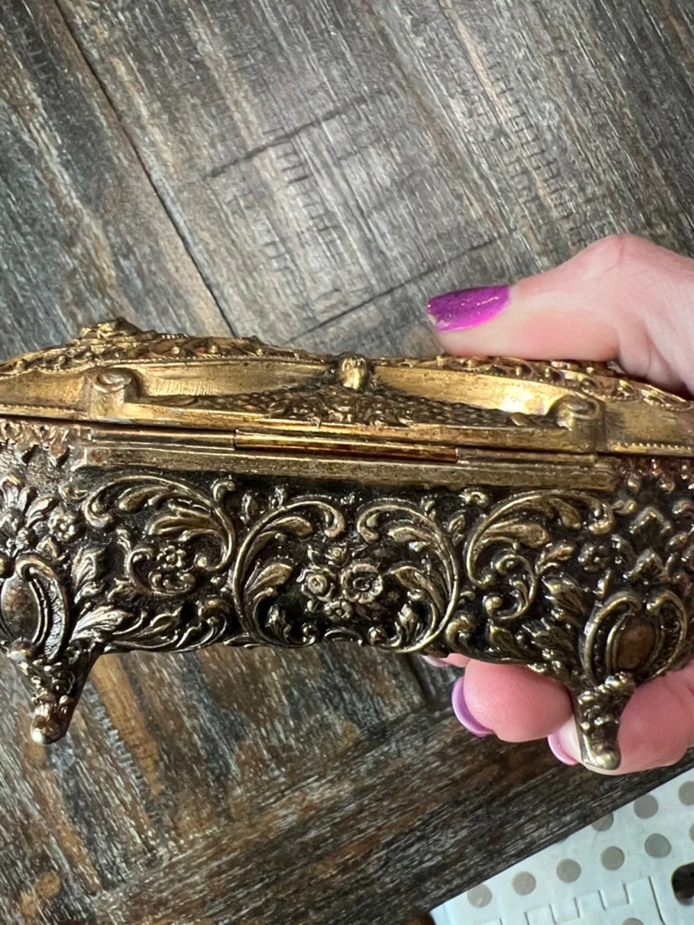 Ornate Butterfly Filigree Trinket Box in Antique Gold and Red Vintage